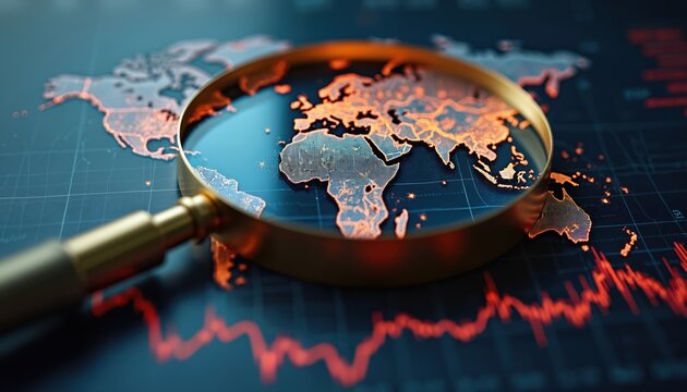 Magnifying glass on world map showing glowing continents. Economic chart with red downward trend indicates global finance risk and instability. Investment analysis.