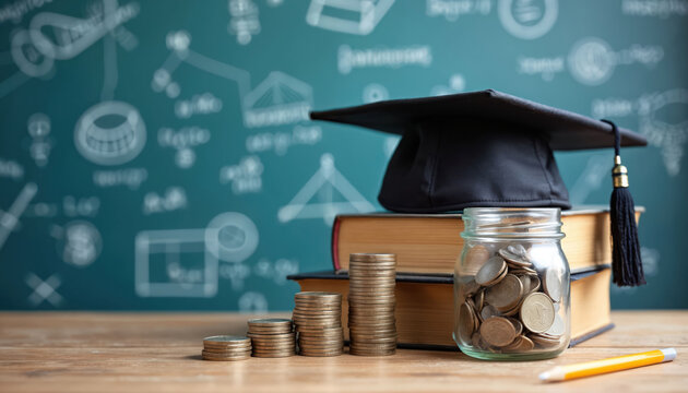 Graduation cap sits on books near coins in jar, representing student savings for college tuition. Growing stacks of money symbolize investment in future education. Blackboard with math formulas in
