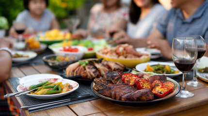 Obraz premium Filipino family sharing a large backyard barbecue meal at a wooden table, colorful dishes, afternoon sunlight casting soft shadows