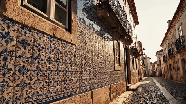 Slow Dolly Zoom Revealing Intricate Azulejo Tiles on Historic European Building