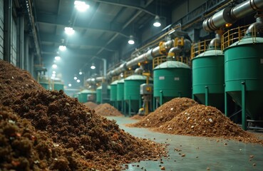 Naklejka premium Industrial facility processes organic waste using advanced robotic systems and large fermentation tanks for biogas production and energy generation.