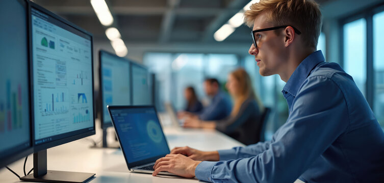 Young analyst works on laptop displaying software data. Multiple screens show charts and graphs. Colleagues in blurred office background. Tech pro analyzes finance.