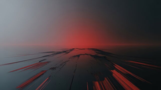 Aerial view of a landscape with red streaks across a dark terrain at sunset