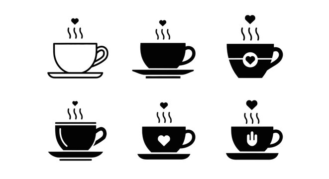 Minimalist coffee cup icons with hearts and steam symbols for cafe brand identity or mobile application interface isolated on white background silhouette set