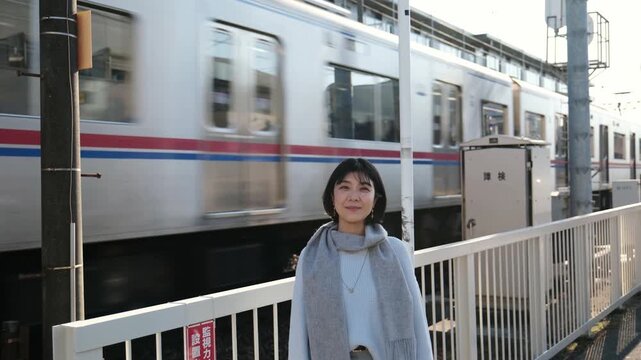 Young Asian woman watching a commuter train passing by at a Japanese railway station in the city