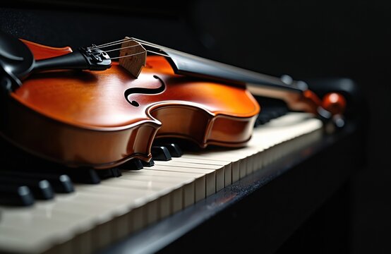 Violin rests on piano keys. Musical instruments share dark background. Classical music duo ready for performance. Practice session or concert awaits.