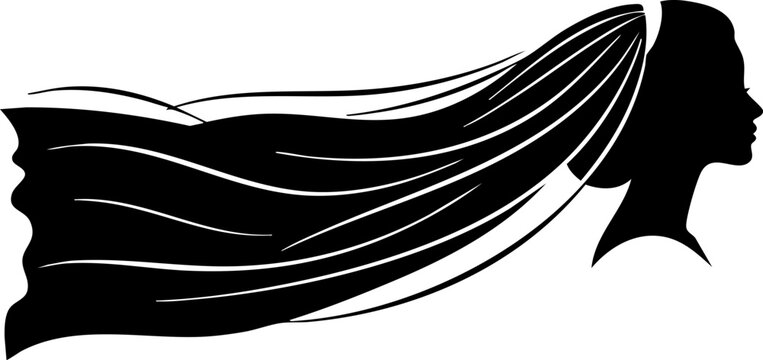 Elegant bride silhouette with long flowing veil, minimalist wedding woman profile vector, black and white bridal beauty icon for marriage invitations