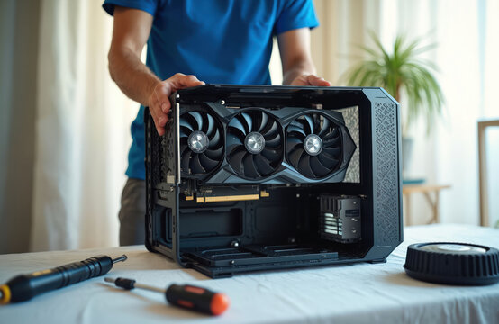 Man builds custom PC, installs powerful triple-fan graphics card inside modern computer case. Gamer upgrades desktop system for better performance. DIY tech enthusiast works with hardware.