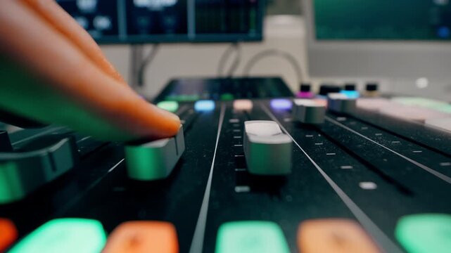 Audio mixer fader control close up studio. Music producer finger adjusting volume level electronic equipment. Sound engineering technology creative production workspace broadcasting