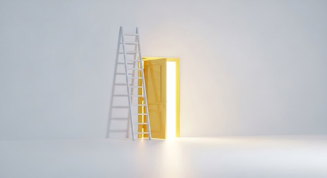 Minimalist architectural composition a yellow door and ladder against a white wall