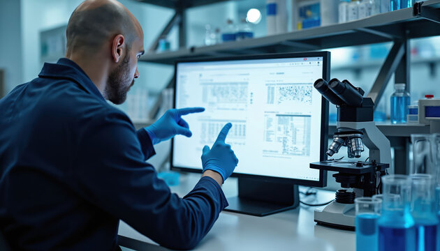 Scientist points at computer screen with data. Lab researcher works with microscope and test tubes. Medical analysis in modern science lab with blue liquid.