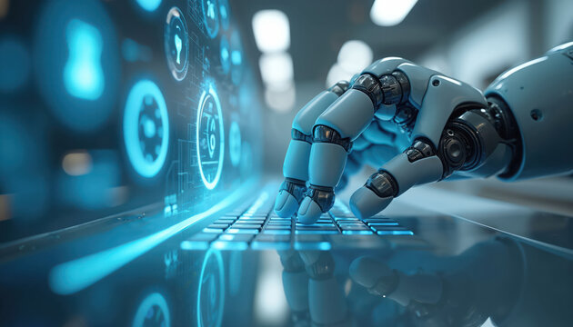 Robot hand types on laptop keyboard. Futuristic digital interface displays graphs and icons. AI technology advances modern data analysis and automation for business.