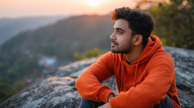 South Asian male traveler video-calling family from scenic mountain overlook, warm golden hour, mix of longing and excitement