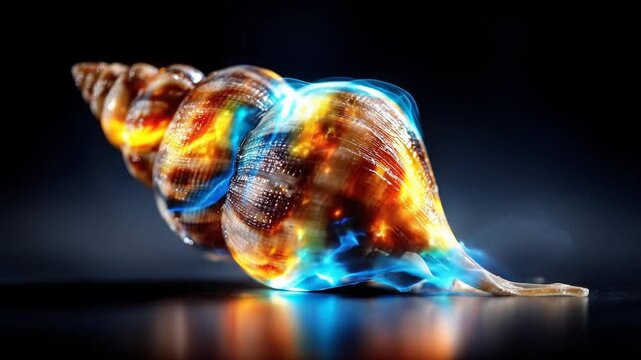 A detailed image of a seashell with stunning colors, light and reflections set against a dark background
