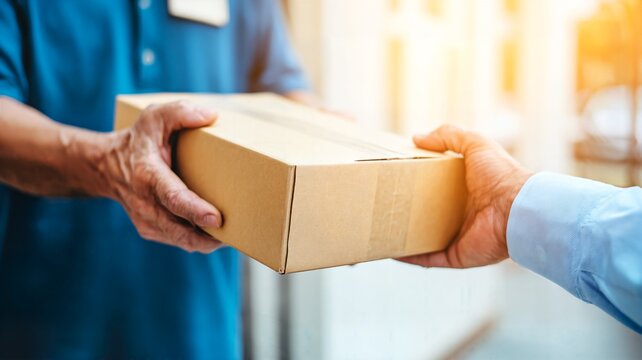 Hand over cardboard box during delivery
