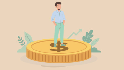 Financial Fortitude: A confident figure stands atop a monumental coin, embodying the strength and assurance of financial well-being and growth, with a rising arrow in the background. © Galleryof Vectors