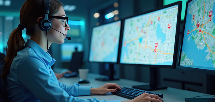 Emergency dispatcher wears headset, looks at monitors with maps, pinpoints locations for urgent response. Woman operates computer, handles calls for aid.