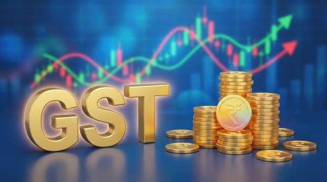 Gold gst text with stacks of coins and candlestick chart indicating financial growth concept.