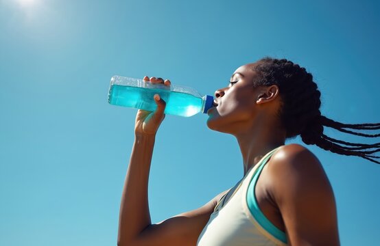 Woman drinks blue sport drink from bottle after outdoor exercise. She is thirsty and needs refreshment after her run. Her hair blows in the wind under the clear sky.