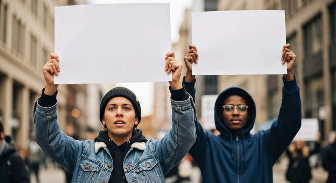 Two individuals holding blank signs during anti-racism protest in urban outdoor setting. Young people actively participate in anti-racism protest, raising voices for equality and justice.