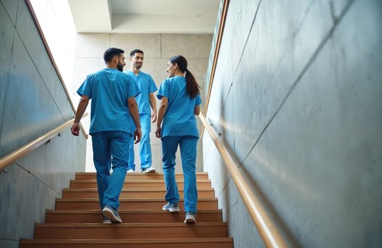 Medical staff in blue scrubs ascend wooden staircase inside modern building. Two male doctors and one female nurse while walking up stpic. Healthcare professionals collaborating on hospital corridor.