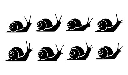 A set of black silhouette snail icons in various positions © MdShakib