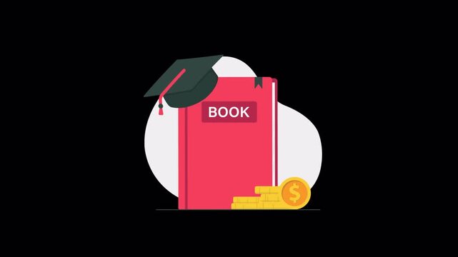 Book with Graduation Cap and Gold Coins. Scholarship Concept Animation Video - Transparent