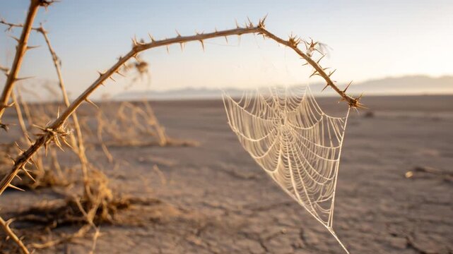 A close-up captures a delicate spiderweb draped across a thorned branch against a blurred desert landscape