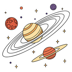 A colorful illustration depicts planets including saturn with prominent rings and stars against a clean white background high quality professional detailed modern © sabrina1122