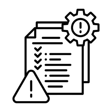 Vector graphic of a document with a warning sign and gear icon indicating caution and settings.