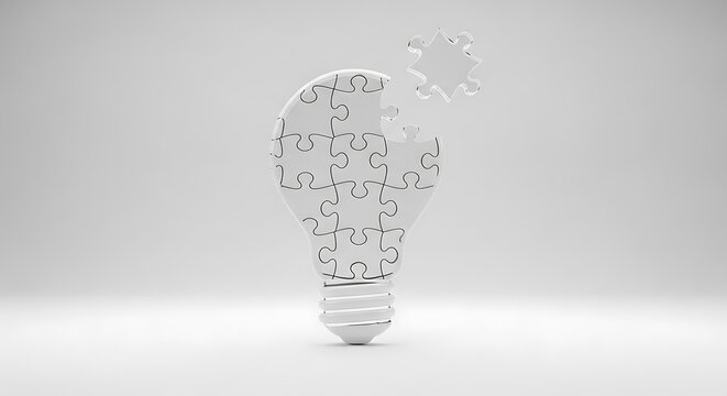 Minimalist 3D render of a glowing light bulb made of puzzle pieces with one final piece fitting into place, symbolic of creative solution, innovation, strategic thinking, and completing a business ide