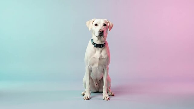 A white dog sitting on pastel background.