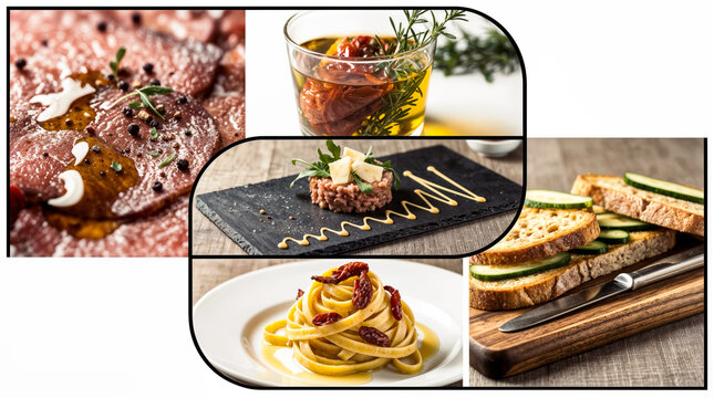 Italienisches Essen Collage mit Carpaccio, Tatar, Pasta, Bruschetta und Tomaten in Oliven&ouml;l