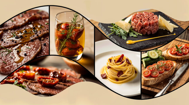 Italienisches Essen Collage mit Steak, Spaghetti, Bruschetta und Tatar in mediterranem Stil