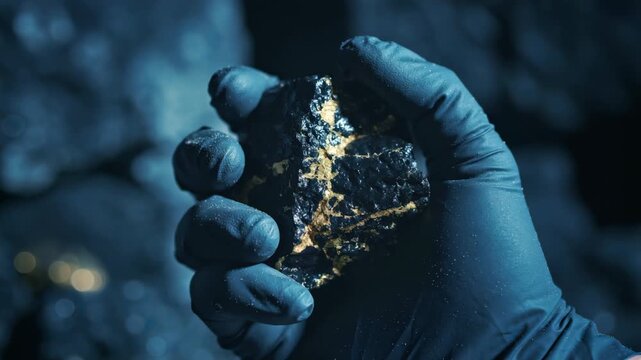 Mining engineer's gloved hand holding a raw black ore rock with shimmering gold veins in a dark mine, concept for mineral exploration, precious metal discovery and geological research