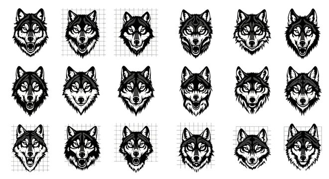 Collection of fierce wolf head illustrations featuring intense expressions and detailed fur textures presented in a monochromatic vector style with subtle grid backgrounds