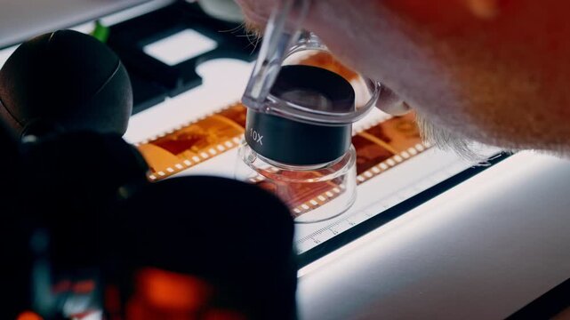 Analog film negative scanning process digital SLR camera studio. Photographer digitizing 35mm film strips light table workstation. Creative hobby photography lab equipment