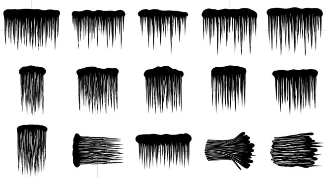 Collection of diverse black silhouette brush stroke elements representing icicles and frozen textures for winter design and graphic overlays isolated on white background