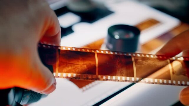 Photographer hands holding analog film negative strip light table studio. Examining 35mm frames photography workspace. Creative process digitizing memories archive 