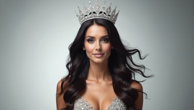 Woman wears sparkly crown and dress. She has long dark wavy hair and is smiling. Beauty pageant winner looks elegant in studio setting. Achieving a dream.