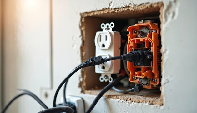 New electrical outlet installation in progress. Unfinished wall shows wiring connections inside housing. Electrician works on power supply unit. Renovation and repair project in home.