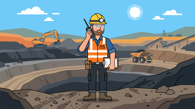 Mining Supervisor with Walkie Talkie at Open Pit Coal Mine Vector