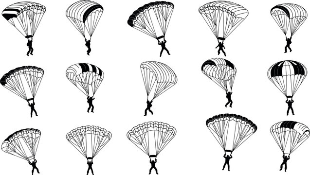 Parachute silhouettes vector set with skydivers descending under canopy in different positions extreme sport illustration collection