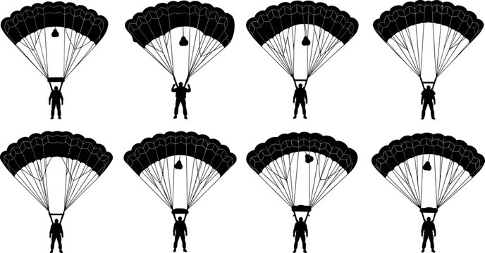 Parachute silhouette vector collection with skydivers landing under canopy showing different descent poses extreme sport illustration set