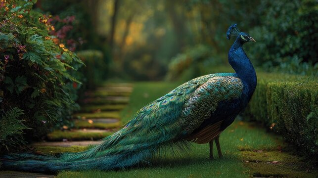 Peacock standing on a garden pathway.