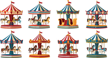 Vintage carousel vector set with colorful merry go round rides featuring horses circus amusement park illustration collection © EdGe Creative