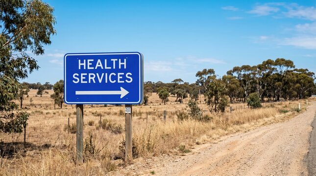 Blue health services road sign with arrow in arid rural landscape services landscape direction environment guidance