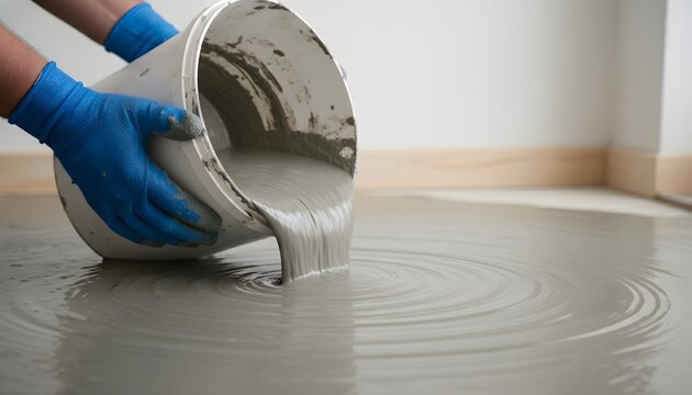 Man pouring self-leveling floor compound in blue gloves during a home renovation project for a modern interior design concept with professional construction techniques