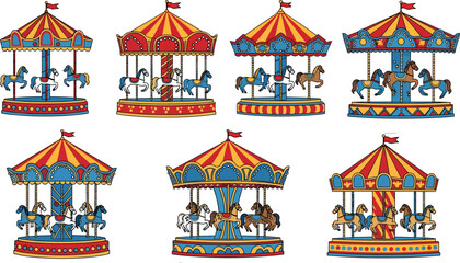 Colorful carousel vector set with merry go round rides featuring circus horses amusement park attractions festive illustration collection © EdGe Creative