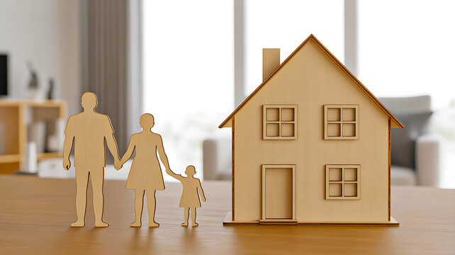 Family paper figures with house model representing home ownership security and real estate living concept 